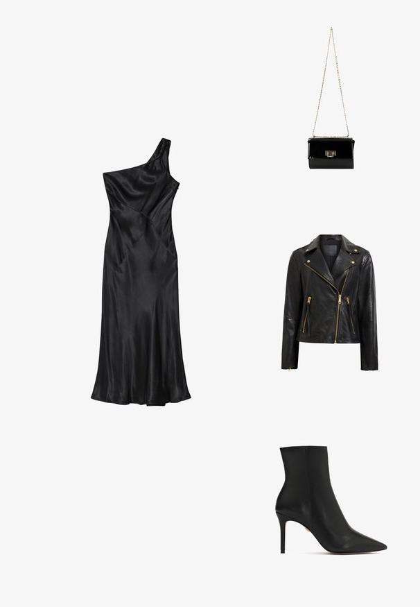 Schwarze Motorrad-Lederjacke mit goldenen Beschlägen, asymmetrischem Reißverschluss, mehreren Reißverschlusstaschen und einem Kragen.; Schwarzes Satin-Kleid mit einer Schulter, tailliertem Oberteil und ausgestelltem Rock, mit diagonalen Nähten und durchgehend glatter Textur.; Schwarze Leder-Ankle-Boots mit spitzem Schuhzustand, hohem Stiletto-Absatz und glatter Textur. Nahtdetails verlaufen entlang der Rückseite.; Schwarz glänzende Handtasche aus Lackleder mit einem goldenen Kettenriemen, rechteckige Form, mit einem Verschluss mit Klappe und einem metallischen Logo-Akzent.