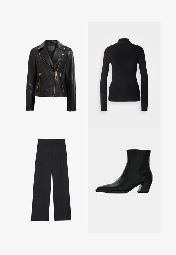 Sort læder motorcykeljakke med guld hardware, der har en asymmetrisk lynlås, flere lynlås lommer og krave.; Sort turtleneck sweater lavet af let strikket stof. Har lange ærmer, et tætsiddende design og en blød ribbet tekstur.; Sort brede bukser med en glat tekstur, der har to frontfolder, en talje og ingen synlig hardware eller lommer.; Sortlæder ankelstøvle med spids tå, en slank silhuet og en kraftig firkantet hæl. Glat tekstur med minimale stikninger.