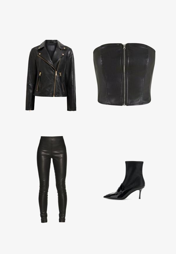 Chaqueta de motociclista de cuero negro con detalles dorados, que presenta un cierre de cremallera asimétrico, múltiples bolsillos con cremallera y un cuello.; Top de corsé de cuero negro con un ajuste estructurado. Presenta una cremallera central de plata y detalles de costura a lo largo del cuerpo. Textura suave.; Leggings de cuero negro con cintura alta, ajuste ceñido, textura suave y sin costuras visibles ni detalles de hardware.; Botín negro de tobillo hecho de cuero suave con una punta afilada y elegante, acentos de charol brillantes, un tacón de aguja delgado y una parte superior elástica.