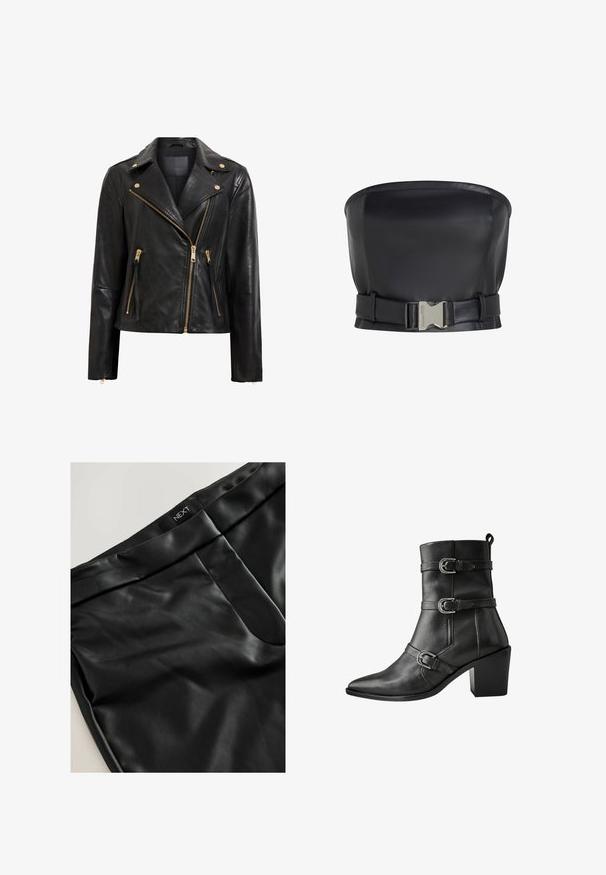Schwarze Motorrad-Lederjacke mit goldenen Beschlägen, asymmetrischem Reißverschluss, mehreren Reißverschlusstaschen und einem Kragen.; Schwarz Leder trägerloses Top mit strukturiertem Design, verfügt über einen vorderen Schnallenverschluss und eine schlanke, glatte Textur.; Schwarze Kunstleder-Hose mit glatter Oberfläche, flachem Bund, Taschendetails vorne und einem Etikett mit 'NEXT' am Bund.; Schwarze Lederstiefelette mit drei Schnallenriemen, spitz zulaufender Zehenpartie und Blockabsatz. Glatte Textur mit minimalen Nähten.