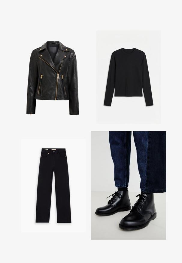 Zwarte leren motorjack met gouden hardware, voorzien van een asymmetrische ritsluiting, meerdere ritszakken en een kraag.; Zwart, effen, nauwsluitend shirt met lange mouwen en ronde hals, afgebeeld tegen een witte achtergrond.; Zwarte denim jeans met een recht model, vijf zakken, koperen hardware en een gladde textuur. Twee labels zichtbaar op de tailleband.; Zwarte leren enkellaarzen met ronde neuzen, een vetersluiting, zilveren veteroogjes en getextureerde zolen, gecombineerd met donkerblauwe spijkerbroeken.