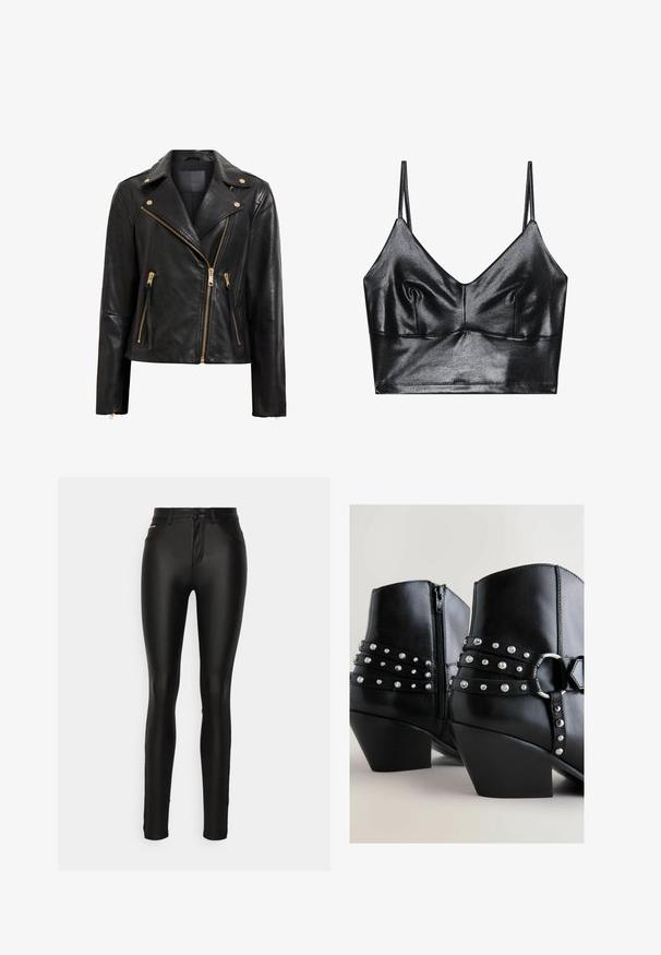 Schwarze Motorrad-Lederjacke mit goldenen Beschlägen, asymmetrischem Reißverschluss, mehreren Reißverschlusstaschen und einem Kragen.; Schwarzer, glänzender Bralette mit dünnen verstellbaren Trägern, V-Ausschnitt, glatter Textur und dezentem Gather an der Brust für eine schöne Form.; ONLY Tall ONLROYAL PANT - Stoffhose - black; Schwarze Leder-Stiefeletten mit einem Reißverschluss, verziert mit silbernen Nieten und dekorativen Riemen im Mittelteil sowie einem Blockabsatz.