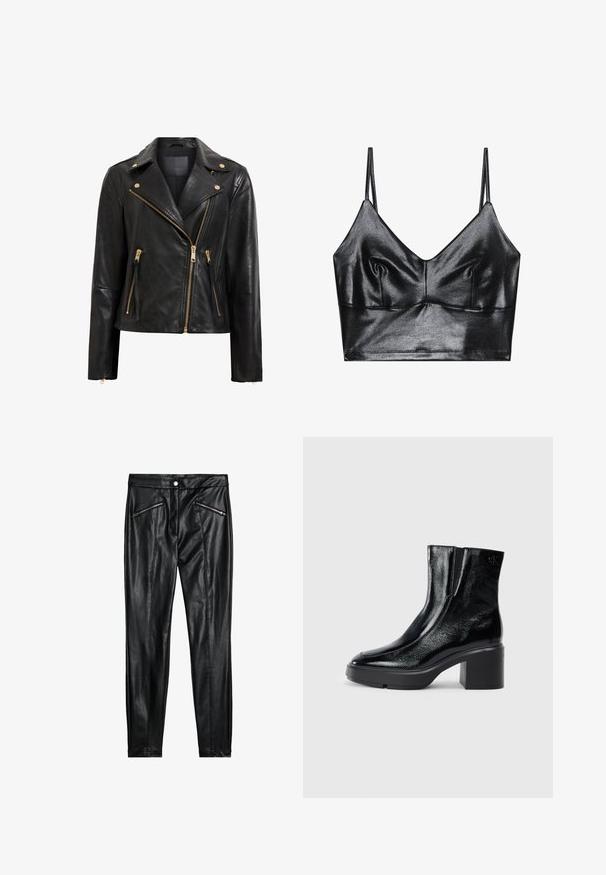 Schwarze Motorrad-Lederjacke mit goldenen Beschlägen, asymmetrischem Reißverschluss, mehreren Reißverschlusstaschen und einem Kragen.; Schwarzer, glänzender Bralette mit dünnen verstellbaren Trägern, V-Ausschnitt, glatter Textur und dezentem Gather an der Brust für eine schöne Form.; Schwarze Lederhosen mit einer figurschmeichelnden Passform, zwei Reißverschluss-Fronttaschen und einer glatten Textur mit glänzendem Finish.; Schwarze Lackleder-Stiefeletten mit einer geschwungenen Zehenpartie, elastischen Seiteneinsätzen und einem klobigen Blockabsatz. Mit geprägtem Logo auf der Rückseite.