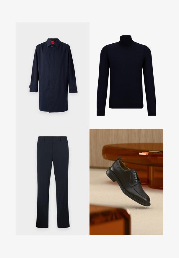 Marineblauwe trenchcoat met een puntige kraag, enkele knoopsluiting en opgerolde mouwen met knoopaccenten. Gladde textuur, minimalistisch ontwerp.; Diep marineblauwe coltrui gemaakt van fijn breiwerk, met lange mouwen en een aansluitende, hoge halslijn. Geen zichtbare patronen of accenten.; Zwarte rechte herenhose met riemlussen en een voorrits, weergegeven tegen een effen lichte achtergrond.; Zwarte leren veterschoen in de stijl van een nette schoen met een gestructureerd vooraanzicht, zwevend boven een beige tapijt in een moderne kamer met amberkleurige meubelen.