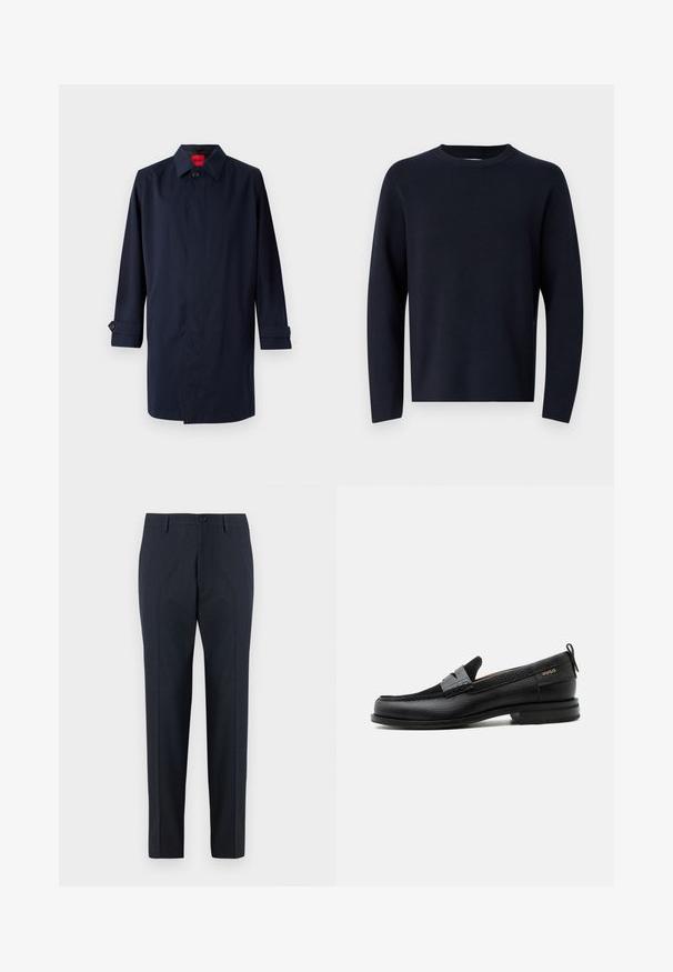 Marineblauwe trenchcoat met een puntige kraag, enkele knoopsluiting en opgerolde mouwen met knoopaccenten. Gladde textuur, minimalistisch ontwerp.; Marineblauwe trui, ronde hals, lange mouwen, gemaakt van zachte stof met een gladde textuur. Eenvoudig ontwerp, geen zichtbare patronen of hardware.; DRYKORN AJEND - Chino - blue; Zwarte leren loafer met grijs riemdetailelement, lage hak en gestructureerde zool, aan de zijkant gebrandmerkt met "HUGO" in goud.