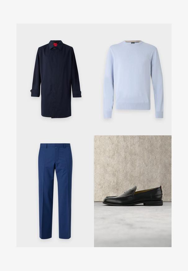Marinblauer Trenchcoat mit spitzem Kragen, Ein-Knopf-Verschluss und hochrollbaren Ärmeln mit Knopfdetails. Gepflegte Textur, minimalistisches Design.; Hellblauer Pullover mit rundem Ausschnitt, langen Ärmeln, gerippten Bündchen und Saum, mit kleinem Logo auf der Brust, gefertigt aus weichem Strickstoff.; Marineblaue Hose mit gerade geschnittenem Bein, flachem Vorderteil, subtiler Textur, Gürtelschlaufen und Reißverschluss.; Schwarzer Herren-Slipper aus Leder mit einer krokogeprägten Vorderkappe und einem niedrigen Absatz, im Profil vor neutralem Hintergrund gezeigt.