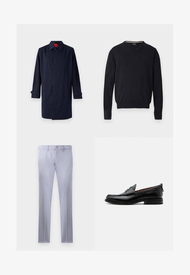 Marinblauer Trenchcoat mit spitzem Kragen, Ein-Knopf-Verschluss und hochrollbaren Ärmeln mit Knopfdetails. Gepflegte Textur, minimalistisches Design.; Schwarzer V-Ausschnitt-Pullover aus weichem Strickstoff. Ausgestattet mit langen Ärmeln, gerippten Bündchen und Saum sowie einem geprägten Logodetail auf der Brust.; Helle graue, maßgeschneiderte Hose aus glattem Stoff, mit Knopfverschluss, Gürtelschlaufen und geradem Bein. Keine sichtbaren Taschen.; Schwarzer Leder-Herrenschuh mit Mokassinnaht, Penny-Riemen, strukturiertem Kragen und niedrigem gestapeltem Absatz auf weißem Hintergrund.