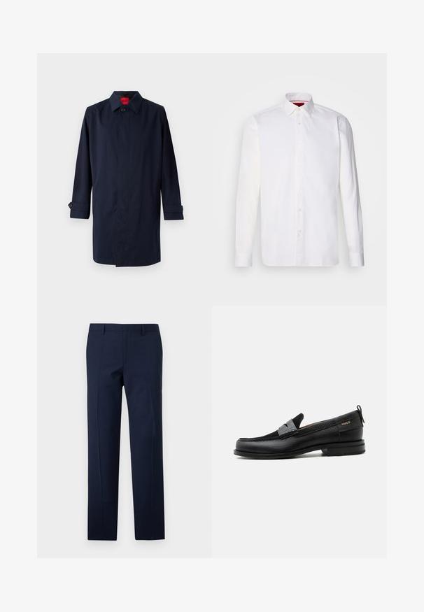 Abrigo trench de color azul marino con cuello puntiagudo, cierre de un botón y mangas enrollables con detalles de botones. Textura suave, diseño minimalista.; Camisa blanca de manga larga hecha de algodón, con un collar clásico, placket frontal con botones y una textura suave. Detalle interior del collar en rojo.; Pantalones azul marino con un corte entallado, que presentan una textura suave, pliegues marcados y un diseño de frente plano. Cierre de cremallera oculta.; Mocasín de cuero negro con detalle de tira gris, tacón bajo y suela texturizada, con la marca "HUGO" en oro en el lateral.