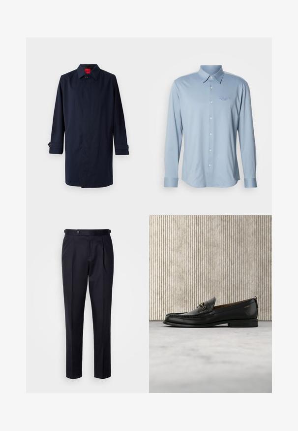 Manteau en bleu marine avec un col pointu, fermeture à un bouton et manches retroussées avec des accents de boutons. Texture lisse, design minimaliste.; Chemise à manches longues bleu clair en tissu lisse, dotée d'un col pointu et d'un devant boutonné, avec un logo brodé discret sur la poitrine.; Pantalon de costume bleu marine en tissu lisse, avec devant plissé, jambes droites et ceinture à fermeture par bouton.; Mocassin en cuir noir avec mors en métal doré et logo "HUGO", présenté sur un tapis beige et un meuble translucide marron.