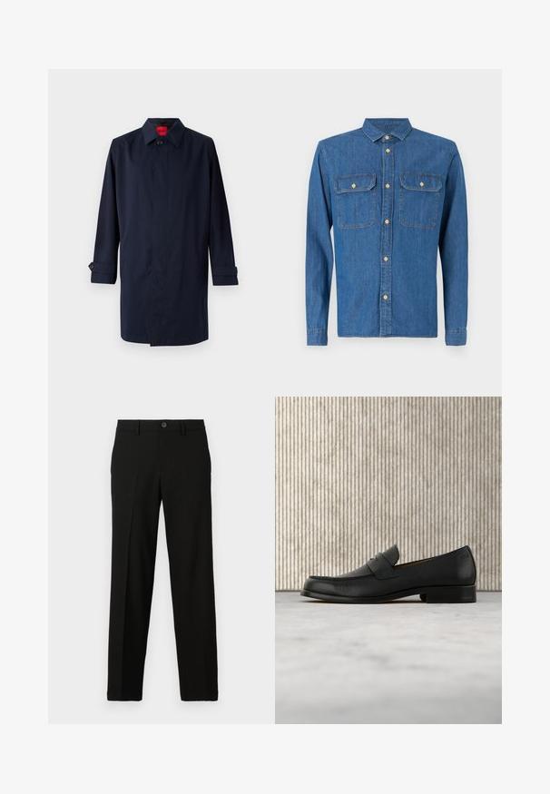 Abrigo trench de color azul marino con cuello puntiagudo, cierre de un botón y mangas enrollables con detalles de botones. Textura suave, diseño minimalista.; Camisa de mezclilla en azul oscuro, de manga larga con puños abotonados, cuello puntiagudo, dos bolsillos en el pecho y cierre frontal con botones de herrajes dorados.; Pantalones negros de tejido suave, con un corte recto, cierre de botón en la cintura y sin patrones ni detalles visibles.; Zapato mocasín de cuero negro flotando sobre una alfombra beige con una mesa redonda marrón brillante al fondo.