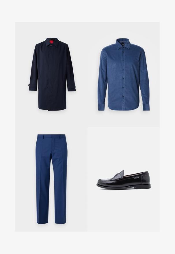 Manteau en bleu marine avec un col pointu, fermeture à un bouton et manches retroussées avec des accents de boutons. Texture lisse, design minimaliste.; Chemise à manches longues pour hommes en velours côtelé bleu avec un col pointu et des boutons noirs visibles sur le devant.; Pantalon bleu marine à jambe droite, avec une taille plate, une texture subtile, des passants de ceinture et une fermeture éclair.; Mocassins en cuir noir avec une finition brillante, présentant un motif cousu sur l'avant-pied et une semelle en caoutchouc noire texturée et basse.