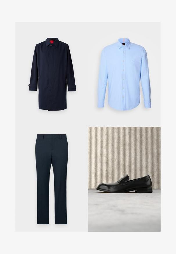 Tumesinine trench coat, millel on terav krae, ühe nööbiga kinni pandud ja üleskeeratud varrukad, millel on nööbiga aksendid. Sile tekstuur, minimalistlik disain.; Heled sinine pikkade varrukatega särk, mis on valmistatud puuvillast, varustatud nööbiga krae, nööpidega ees ja õrn logo tikandiga rinna peal.; Tumed sinised kohandatud püksid tekstuurse kanga, sirge jala disaini ja eesmine voldikuga. Omab vöörihmasid ja siledat vöökohta.; Mustast nahast mokassiin metallist detailiga, mis paistab hõljuvat beežil vaibal, taustal ümmargune merevaigukarva laud.