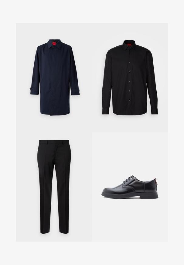 Abrigo trench de color azul marino con cuello puntiagudo, cierre de un botón y mangas enrollables con detalles de botones. Textura suave, diseño minimalista.; Camisa negra de manga larga hecha de una tela suave, con un cuello clásico con tapa, cierre frontal de botones y un ajuste entallado.; Pantalones negros de corte ajustado, hechos de una tela suave, con pernera recta, detalles de pinzas refinadas y una cinturilla clásica con ojales para cinturón.; Zapatos de piel negra con cordones, textura lisa, puntera redondeada y detalles sutiles de costura. Cuentan con una lengüeta roja en el talón.