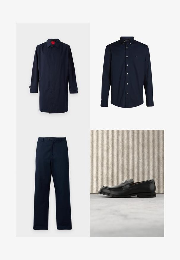Marineblauwe trenchcoat met een puntige kraag, enkele knoopsluiting en opgerolde mouwen met knoopaccenten. Gladde textuur, minimalistisch ontwerp.; Marineblauw overhemd met knopen van katoen, voorzien van een klassieke kraag, lange mouwen en witte knopen. Bevat een klein logo op de borst.; Marineblauwe, rechte broek gemaakt van een katoenmix. Voorzien van een ritssluiting aan de voorkant, knoopsluiting en ceintuurlussen. Glad textuur.; Zwarte leren loafer met een metalen merktekenplaatje, rustend bij een bruine ronde tafel op een beige tapijtvloer.