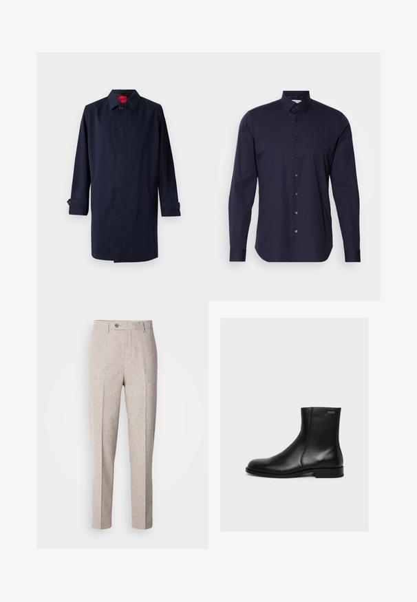 Abrigo trench de color azul marino con cuello puntiagudo, cierre de un botón y mangas enrollables con detalles de botones. Textura suave, diseño minimalista.; Camisa de botones azul marino con mangas largas, cuello clásico y un diseño ajustado. Fabricada con una tela suave y con un logo sutil en el pecho.; Pantalones de lana beige claro con una textura suave, corte recto, pliegues en la parte frontal y un cierre de botón único en la cinturilla.; Bota de piel negra lisa hasta el tobillo con tacón bajo y cremallera lateral, etiquetada con Hugo cerca del borde superior.