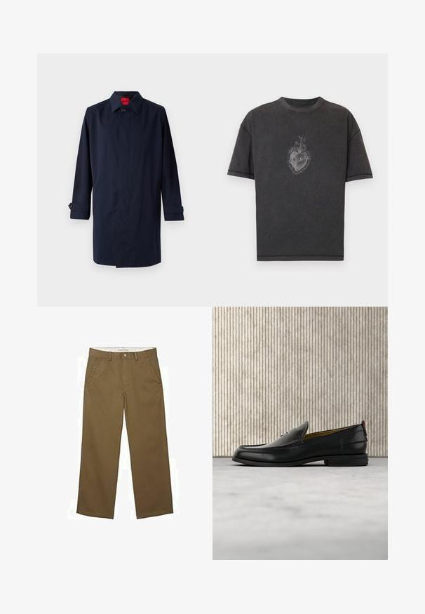 Marinblauer Trenchcoat mit spitzem Kragen, Ein-Knopf-Verschluss und hochrollbaren Ärmeln mit Knopfdetails. Gepflegte Textur, minimalistisches Design.; Schwarzes Baumwoll-T-Shirt mit lockerem Sitz, das ein grafisches Design eines Herzens mit Blumen und Totenköpfen in der Mitte zeigt. Sichtbare Nahtdetails.; Braune gerade geschnittene Hose mit vorderen Taschen, Gürtelschlaufen und Knopfverschluss an der Taille, flach auf einem weißen Hintergrund liegend dargestellt.; Schwarzer Herren-Slipper aus Leder mit einer krokogeprägten Vorderkappe und einem niedrigen Absatz, im Profil vor neutralem Hintergrund gezeigt.