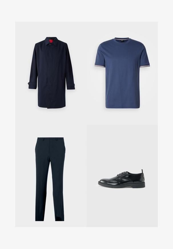 Marinblauer Trenchcoat mit spitzem Kragen, Ein-Knopf-Verschluss und hochrollbaren Ärmeln mit Knopfdetails. Gepflegte Textur, minimalistisches Design.; Marineblaues Baumwoll-T-Shirt mit kurzen Ärmeln, geripptem Rundhalsausschnitt und kontrastierenden gestreiften Akzenten an den Ärmelsäumen.; Marineblaue formelle Hose mit Gürtelschlaufen, Fronttaschen und geradem Bein, auf einem schlichten Hintergrund präsentiert.; Glänzender schwarzer Lederschuh mit niedrigem Absatz, Schnürverschluss und runder Kappe, seitlich auf hellem, schlichten Hintergrund gezeigt.