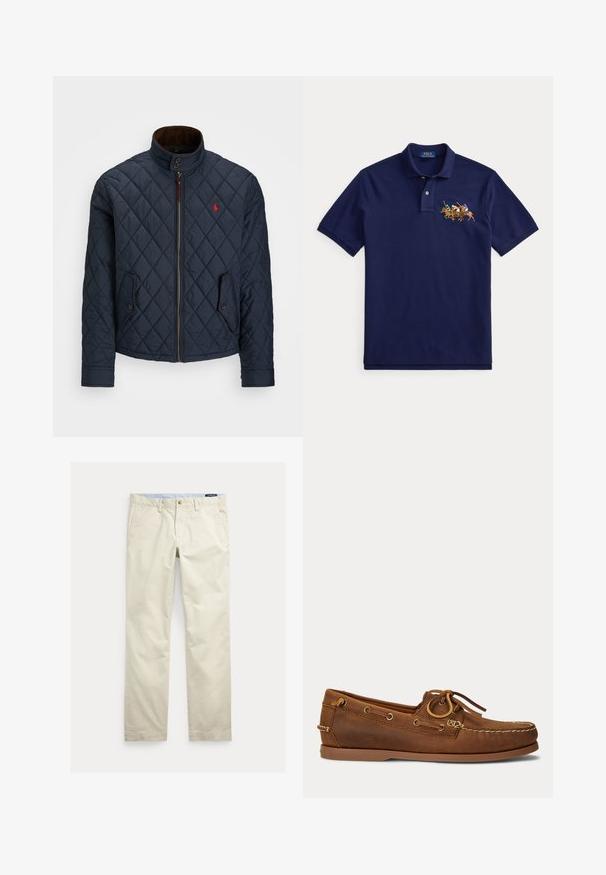 Marineblå quiltet jakke med høj krave, lynlås lukning, to knappede lommer og et lille rødt emblem på brystet. Blød tekstur.; Marineblå polo t-shirt med korte ærmer og et broderet motiv af fire polospillere på heste på venstre bryst.; Beige bomuld straight-leg bukser med bæltestropper, forreste knap, lynlås og sidelommer.; Brun læder bådsko med mokasinsyning, snøredetalje træde gennem metaløjer og flad gummi sål vist fra siden.