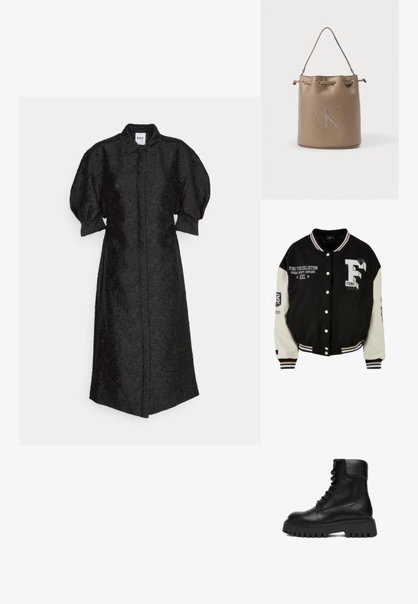 Schwarze Collegejacke mit cremefarbenen Ärmeln, ausgestattet mit gesticktem FUBU-Logo, Textdetails und Druckknöpfen. Gerippter Kragen und Bündchen. Größe XXL.; DAY Birger et Mikkelsen MONTANA - Blusenkleid - black; Schwarzer Leder-Stiefelette mit dicker Profilsohle, Schnürung vorne, gepolstertem Schaft und geprägtem Logo an der Ferse, seitlich gezeigt.; Beige Kunstleder-Einkaufstasche mit runder Basis, Kordelverschluss oben und einem einzigen Schultergurt. Präge-"CK"-Logo auf der Vorderseite.