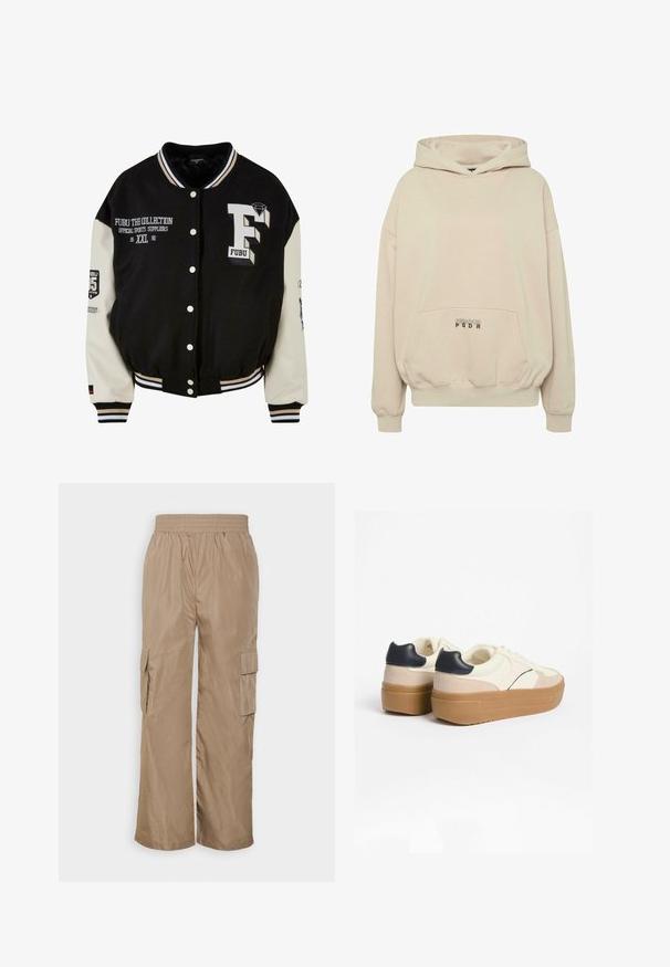 Schwarze Collegejacke mit cremefarbenen Ärmeln, ausgestattet mit gesticktem FUBU-Logo, Textdetails und Druckknöpfen. Gerippter Kragen und Bündchen. Größe XXL.; Beiger Hoodie mit Fronttasche, gerippten Bündchen und Kordelzugkapuze. "PECADOR PGDR" Schriftzug auf dem Taschenbereich.; Even&Odd by Zalando Cargohose - beige; Weiße Sneakers mit Plateausohle, die beige und marineblaue Akzente sowie glatte und strukturierte Materialien aufweisen. Schnürsenkel und ein abgerundetes Zehendesign.