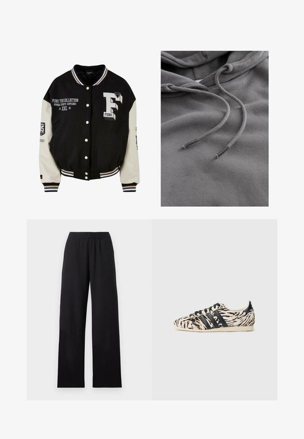 Chaqueta universitaria negra con mangas crema, que presenta un logo FUBU bordado, detalles en texto y botones a presión. Cuello y puños acanalados. Talla XXL.; Sudadera gris de tela suave, con capucha con cordón y detalles de costura visibles. La textura parece lisa y ligeramente difusa.; Pantalones negros de pierna ancha con cintura elástica, parte delantera plana y piernas largas y rectas, mostrados sobre un fondo claro y liso.; Zapatillas Adidas con un patrón de rayas de tigre, que presentan una textura beige y negra similar a la piel, sobre una suela de goma color crema con cordones y rayas negras.