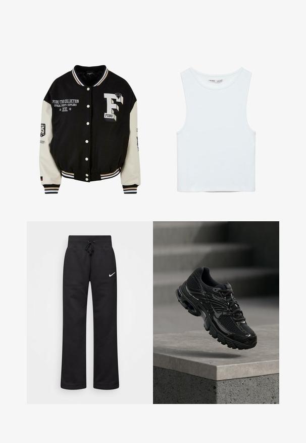 Schwarze Collegejacke mit cremefarbenen Ärmeln, ausgestattet mit gesticktem FUBU-Logo, Textdetails und Druckknöpfen. Gerippter Kragen und Bündchen. Größe XXL.; Weißes ärmelloses Crop-Top mit rundem Ausschnitt, aus glattem Stoff, mit dem Label Pull&Bear, geeignet für den Alltag.; Schwarze Sweatpants aus einem Baumwollmix, mit einem Kordelzugbund, geraden Beinen und einem weißen Nike-Logo auf der linken Seite.; Schwarzer Nike Laufschuh mit Mesh- und Synthetik-Obermaterial, der über einer Betonfläche und Treppen im Hintergrund schwebt.