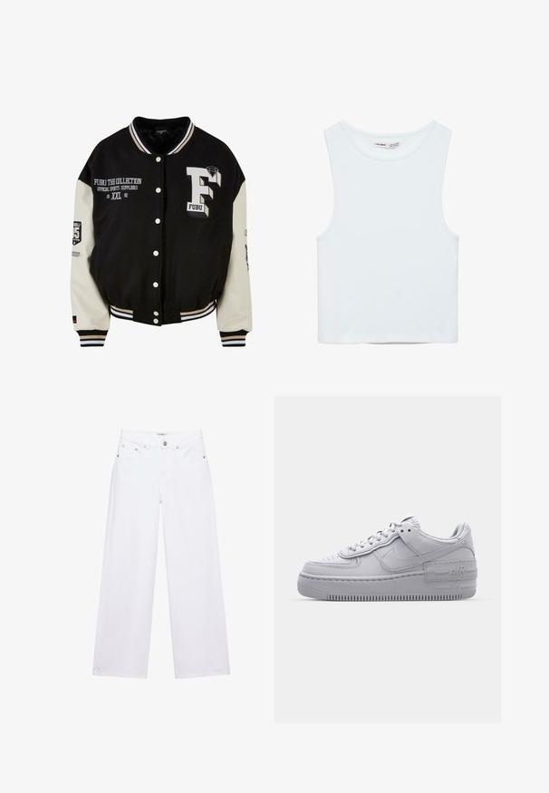 Sort varsity-jakke med cremefarvede ærmer, der har broderet FUBU-logo, tekstdetaljer og trykknapper. Ribbet krave og manchetter. Størrelse XXL.; Hvid ærmeløs crop top med rund halsudskæring, lavet af glat stof, mærket Pull&Bear, egnet til afslappet brug.; Hvide jeans med høj talje og vide ben med knap- og lynlåslukning, for- og baglommer samt sølvfarvede nitter som detaljer.; Grå Nike Air Force 1 sneakers med perforeret tå, glat læderoverdel, tyk sål og præget 'AIR' detalje på hælen.