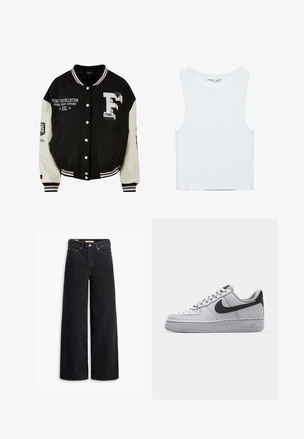 Sort varsity-jakke med cremefarvede ærmer, der har broderet FUBU-logo, tekstdetaljer og trykknapper. Ribbet krave og manchetter. Størrelse XXL.; Hvid ærmeløs crop top med rund halsudskæring, lavet af glat stof, mærket Pull&Bear, egnet til afslappet brug.; Sorte brede benjeans lavet af denim, med fem lommer, kobbernitter og en klassisk knaplukning. Glat tekstur med et rent design.; Hvide lædersko med grå accenter, rund tå, tekstureret overflade, polstret krave og kontrasterende sort swoosh-logo. Luftdæmpende sål.