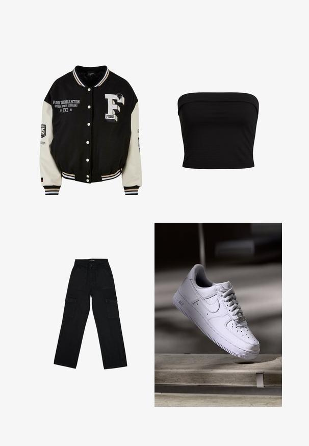 Sort varsity-jakke med cremefarvede ærmer, der har broderet FUBU-logo, tekstdetaljer og trykknapper. Ribbet krave og manchetter. Størrelse XXL.; Sort strapless top med et tætsiddende design, lavet af blødt stof med en glat overflade og rene kanter. Ingen yderligere mønstre eller accenter.; Sort cargobukser lavet af denim, med høj talje, snoretræk, brede ben og flere sidelommer til praktisk brug.; Hvid Nike Air Force 1 sneaker svævende over en betonoverflade med skygger i et minimalistisk miljø.