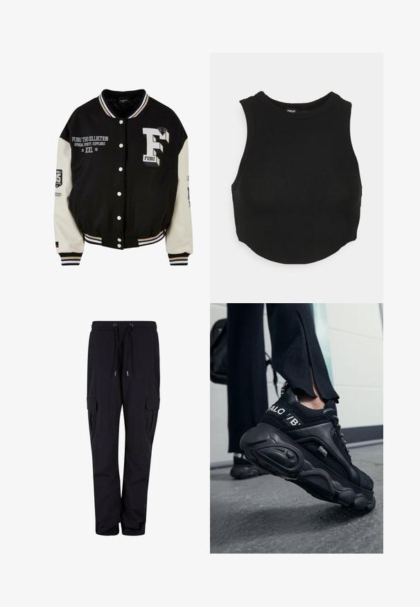 Schwarze Collegejacke mit cremefarbenen Ärmeln, ausgestattet mit gesticktem FUBU-Logo, Textdetails und Druckknöpfen. Gerippter Kragen und Bündchen. Größe XXL.; Schwarzes geripptes Cropped-Top mit hohem Ausschnitt und ärmellosem Design. Weiche Textur mit figurbetontem Schnitt und leicht abgerundetem Saum.; Schwarze Cargo-Hosen aus weichem Stoff, mit einem elastischen Bund und Kordelzügen sowie Seitentaschen. Gerade Beinform.; Nahaufnahme einer Person, die schwarze Buffalo-Sneaker mit dicken Sohlen trägt, auf einem grauen Betonboden stehend, mit schwarzen Hosen und einem Rucksack.