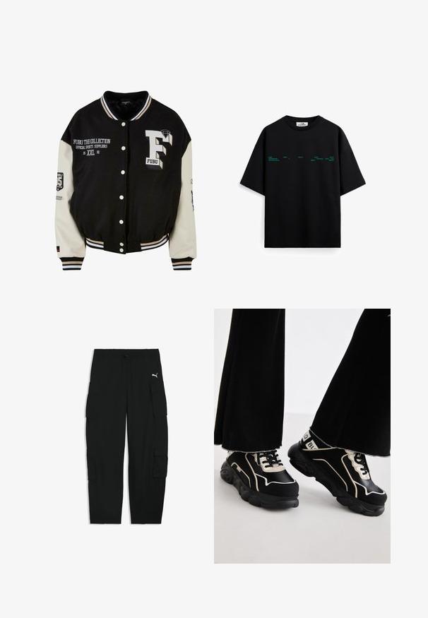 Schwarze Collegejacke mit cremefarbenen Ärmeln, ausgestattet mit gesticktem FUBU-Logo, Textdetails und Druckknöpfen. Gerippter Kragen und Bündchen. Größe XXL.; Schwarzes kurzärmliges T-Shirt mit kleinem grünen Text auf der Brust und rundem Ausschnitt, gezeigt vor weißem Hintergrund.; Schwarze Cargohose mit elastischem Bund, Kordelzug, seitlichen Klappentaschen und kleinem weißen Puma-Logo auf dem rechten Oberschenkel.; Schwarze Sneakers mit weißen Akzenten, featuring eine glatte Oberfläche, schichtedesign, strukturierte Sohle und prominente Schnürsenkel. Flaches, breites Silhouette.