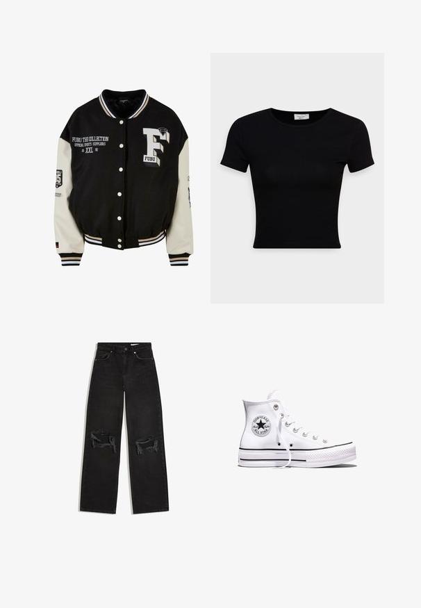 Sort varsity-jakke med cremefarvede ærmer, der har broderet FUBU-logo, tekstdetaljer og trykknapper. Ribbet krave og manchetter. Størrelse XXL.; Sort kortærmet t-shirt lavet af glat bomuldsstof, med rund halsudskæring og en tætsiddende pasform. Minimalistisk uden synlige mønstre.; Svarte denim jeans med lige ben og slidte revner ved begge knæ, forlommer og knaplukning i taljen.; Hvid Converse Chuck Taylor All Star højt snøresko med sorte striber og logoemblem på siden, vist mod en ensfarvet hvid baggrund.