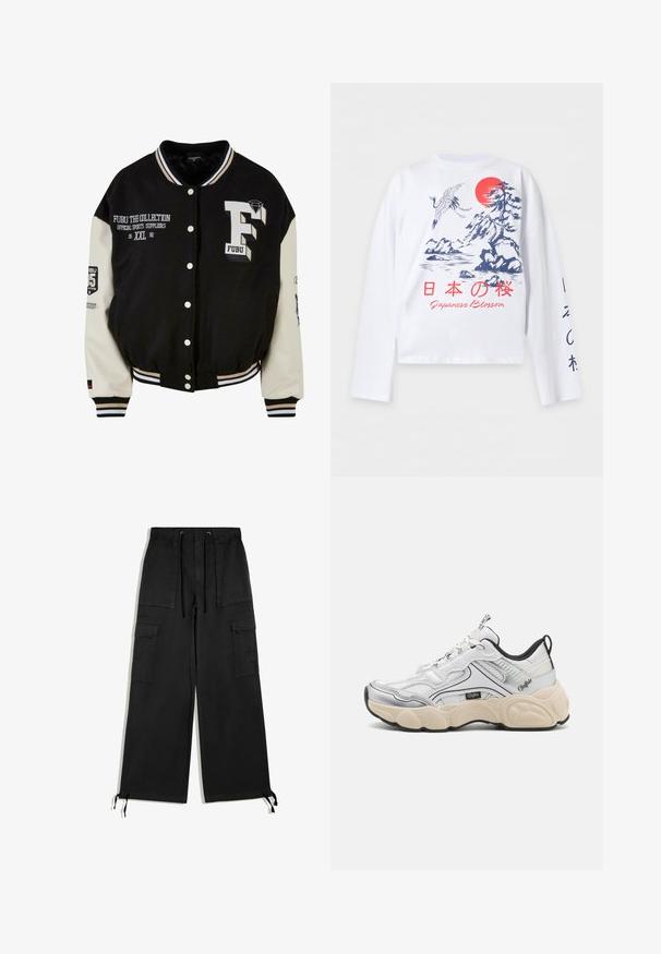 Schwarze Collegejacke mit cremefarbenen Ärmeln, ausgestattet mit gesticktem FUBU-Logo, Textdetails und Druckknöpfen. Gerippter Kragen und Bündchen. Größe XXL.; Weißes Langarmhemd mit blauem japanischem Landschaftsmotiv, roter Sonne, Kranich und rotem Text "Japanese Blossom" in Englisch und japanischen Schriftzeichen.; Schwarze Cargo-Hose mit weitem Bein, elastischem Bund, Kordelzug, großen Front- und Seitenklappentaschen und verstellbaren Bändern an den Beinöffnungen.; Weißer Sportschuh mit Mesh- und Synthetikpaneelen, silbernen Akzenten, klobiger cremiger Sohle und kontrastierenden schwarzen Details. Verfügt über ein Schnürsystem.