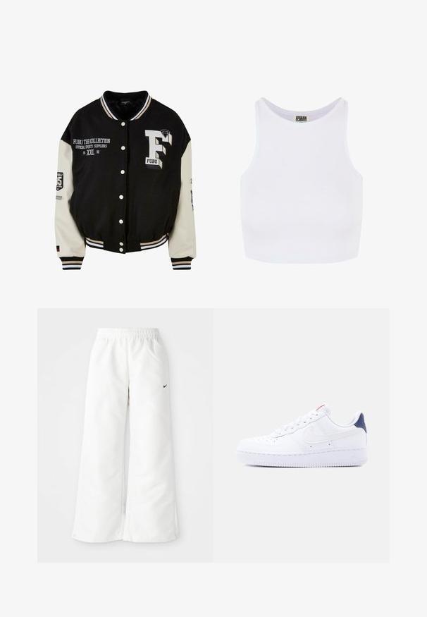 Sort varsity-jakke med cremefarvede ærmer, der har broderet FUBU-logo, tekstdetaljer og trykknapper. Ribbet krave og manchetter. Størrelse XXL.; Hvid ribbet cropped tanktop med brede skulderstropper og en rund udskæring. Har en blød tekstur og et minimalistisk design uden mønstre.; Hvide atletiske bukser med et bredbenet design, elastisk talje og et lille sort Nike-logo på venstre side. Glat, let materiale.; Hvid lavtop sneaker med perforeringer på tåen, hvide snørebånd, en hvid swoosh-logo og en mørkeblå hælflig.