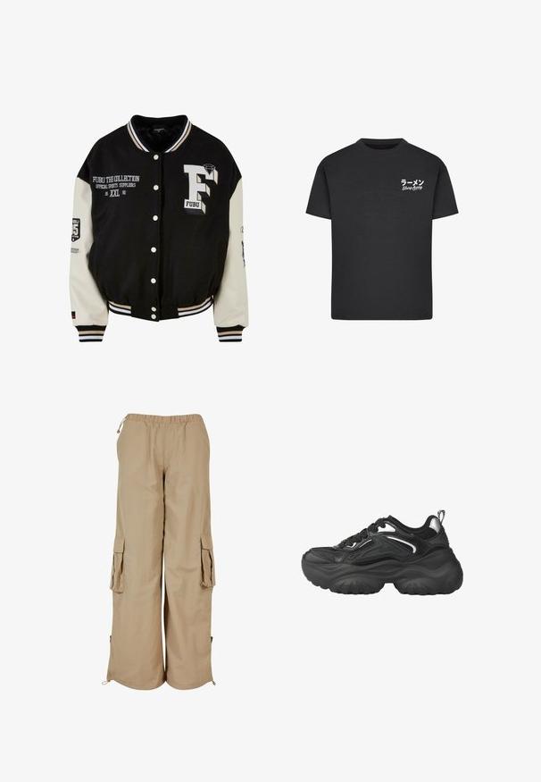 Chaqueta universitaria negra con mangas crema, que presenta un logo FUBU bordado, detalles en texto y botones a presión. Cuello y puños acanalados. Talla XXL.; Camiseta de algodón negra con cuello redondo. Presenta texto en blanco, incluyendo caracteres japoneses y "Slurp Away", en el área del pecho izquierdo.; Pantalones cargo beige con cintura elástica, dos bolsillos laterales y detalles de malla; fabricados en un tejido ligero y texturizado.; Zapatillas deportivas negras con suela gruesa, parte superior de malla y sintética, cierre de cordones y detalles plateados en los lados.