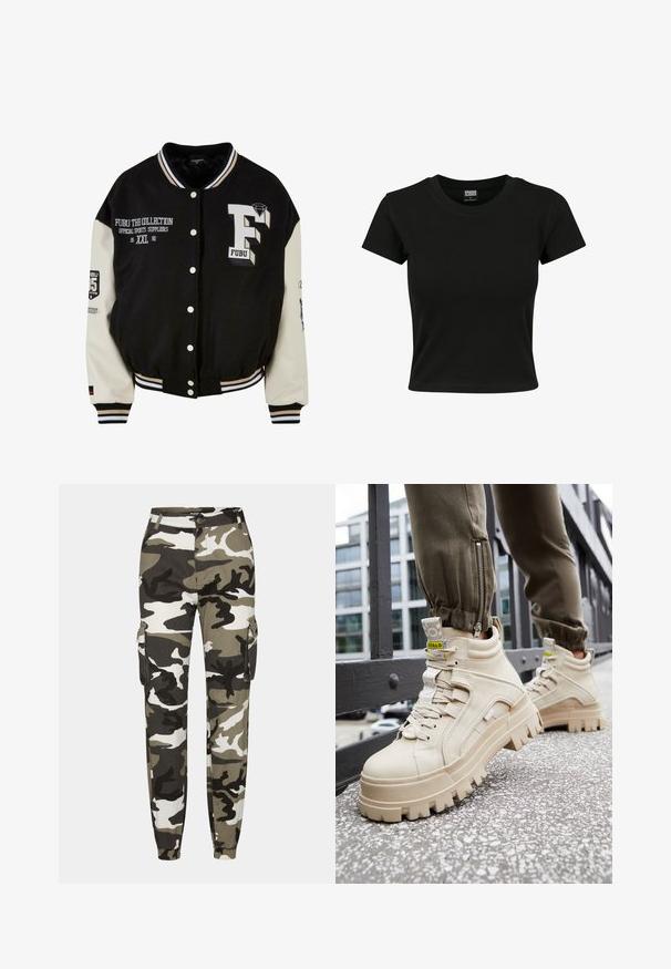 Sort varsity-jakke med cremefarvede ærmer, der har broderet FUBU-logo, tekstdetaljer og trykknapper. Ribbet krave og manchetter. Størrelse XXL.; Sort kortærmet t-shirt lavet af glat bomuldsstof, med rund halsudskæring og en tætsiddende pasform. Ingen synlige mønstre eller accenter.; Kamuflerede cargo-bukser i nuancer af grøn, sort og hvid; har elastiske manchetter og sidelommer til opbevaring.; Beige high-top sneakers med en chunky, tekstureret sål, snørebåndsdesign og gule accentmærker. Tekstureret læderoverdel med kontrasterende syninger.