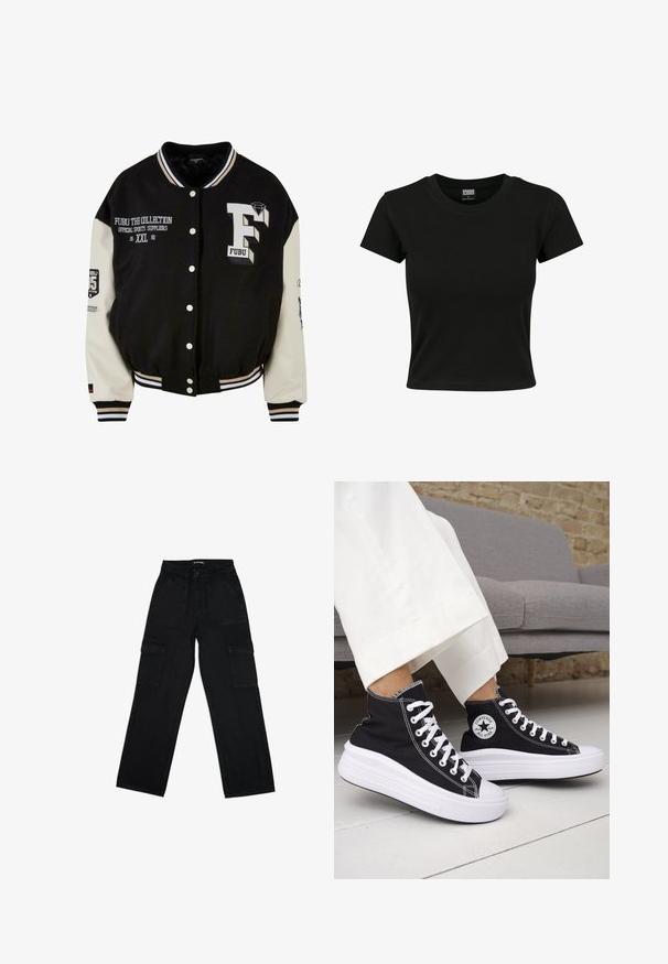 Sort varsity-jakke med cremefarvede ærmer, der har broderet FUBU-logo, tekstdetaljer og trykknapper. Ribbet krave og manchetter. Størrelse XXL.; Sort kortærmet t-shirt lavet af glat bomuldsstof, med rund halsudskæring og en tætsiddende pasform. Ingen synlige mønstre eller accenter.; Sort cargobukser lavet af denim, med høj talje, snoretræk, brede ben og flere sidelommer til praktisk brug.; Sorte sneakers med højt skaft, hvide gummisåler og snørebånd. Har en rund logo-patch og kontrasterende hvide syninger. Fremstillet af lærredsmateriale.