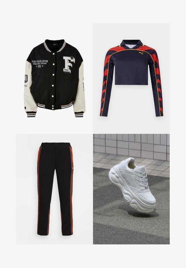 Sort varsity-jakke med cremefarvede ærmer, der har broderet FUBU-logo, tekstdetaljer og trykknapper. Ribbet krave og manchetter. Størrelse XXL.; Marineblå langærmet cropped polo-shirt med røde og gule buede detaljer på ærmerne. Glat, letvægtsstof med klassisk krave.; Sorte bukser med orange og brune sidelister. Har en elastisk talje og to sidelommer. Lavet af blød, letvægtsstof.; Hvide lædersneakers med en kraftig sål, teksturerede detaljer og snørelukning. Har formede accenter og en glat finish.
