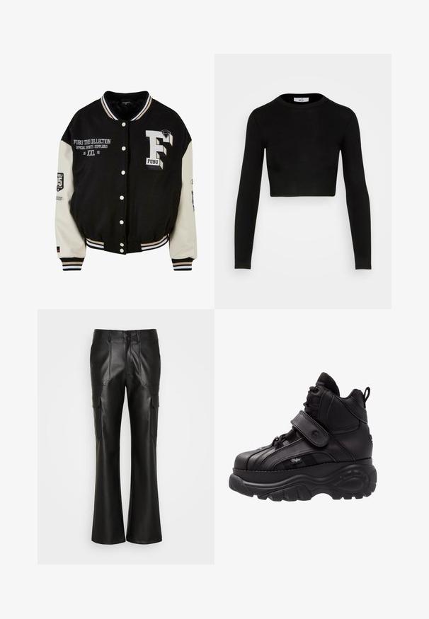 Schwarze Collegejacke mit cremefarbenen Ärmeln, ausgestattet mit gesticktem FUBU-Logo, Textdetails und Druckknöpfen. Gerippter Kragen und Bündchen. Größe XXL.; WAL G. X JOEY BACK DETAIL - Langarmshirt - black; ONLY ONLMALFY BLAKE - Cargohose - black; Schwarze High-Top-Sneaker mit einer dicken Gummisohle, Obermaterial aus Leder, Schnürung und Klettverschluss, sowie strukturierten Seitenpaneelen.