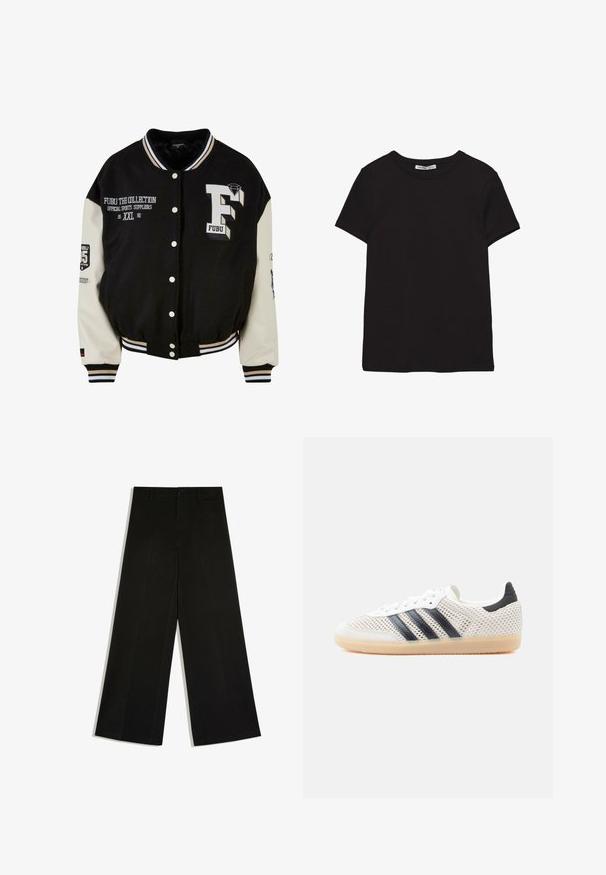 Sort varsity-jakke med cremefarvede ærmer, der har broderet FUBU-logo, tekstdetaljer og trykknapper. Ribbet krave og manchetter. Størrelse XXL.; Sort kortærmet t-shirt i bomuld med rund halsudskæring, standard pasform og synlig indvendig halsmærkat.; Sorte bukser med vidde ben, bæltestropper, knaplukning foran og lynlås, lagt fladt på hvid baggrund.; Hvide mesh-sneakers med sort tre-stribet design, rundet tå og gummisål. Har blød hælkant og snørelukning.
