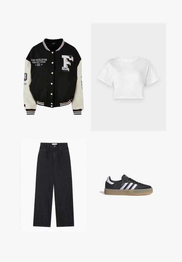 Chaqueta universitaria negra con mangas crema, que presenta un logo FUBU bordado, detalles en texto y botones a presión. Cuello y puños acanalados. Talla XXL.; Camiseta corta blanca de algodón. Mangas cortas, escote redondo, textura suave, diseño casual sin patrones ni adornos.; Jeans de mezclilla negros de talle alto y pierna ancha con cierre frontal de botón y cremallera, pasadores para el cinturón y estilo de cinco bolsillos.; Zapatilla deportiva de cuero negro con tres rayas plateadas, punta texturizada y suela de goma. Cuenta con un collar acolchado y un diseño con cordones.