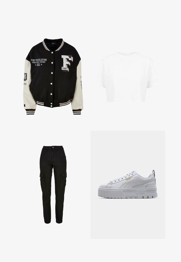 Sort varsity-jakke med cremefarvede ærmer, der har broderet FUBU-logo, tekstdetaljer og trykknapper. Ribbet krave og manchetter. Størrelse XXL.; Hvid cropped t-shirt, korte ærmer, rund halsudskæring, lavet af blødt stof, uden synlige mønstre eller distinkt hardware.; Sorte cargobukser med høj talje, sidelommer med klapper, forlommer, bæltestropper, knaplukning og elastiske manchetter.; Hvide platform sneakers med en glat læderoverdel, polstret krave, grå gummisål og gyldne detaljer med Puma-logoet.