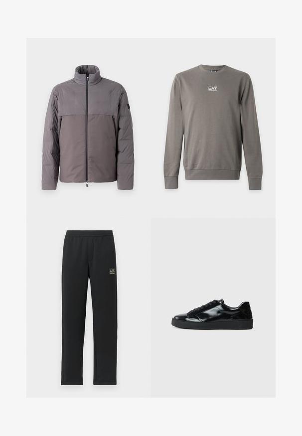 Chaqueta acolchada gris con un cuello alto, cierre frontal de cremallera, dos bolsillos con cremallera y un diseño de panel superior en contraste.; Sudadera gris de manga larga con cuello redondo y logotipo blanco EA7 Emporio Armani en el pecho, puños y dobladillo acanalados.; Pantalones de chándal negros de pierna recta con cintura elástica y logotipo negro en el muslo izquierdo superior.; Zapatillas de charol negro con punta redonda, diseño con cordones, suela de goma texturizada y acabado suave.