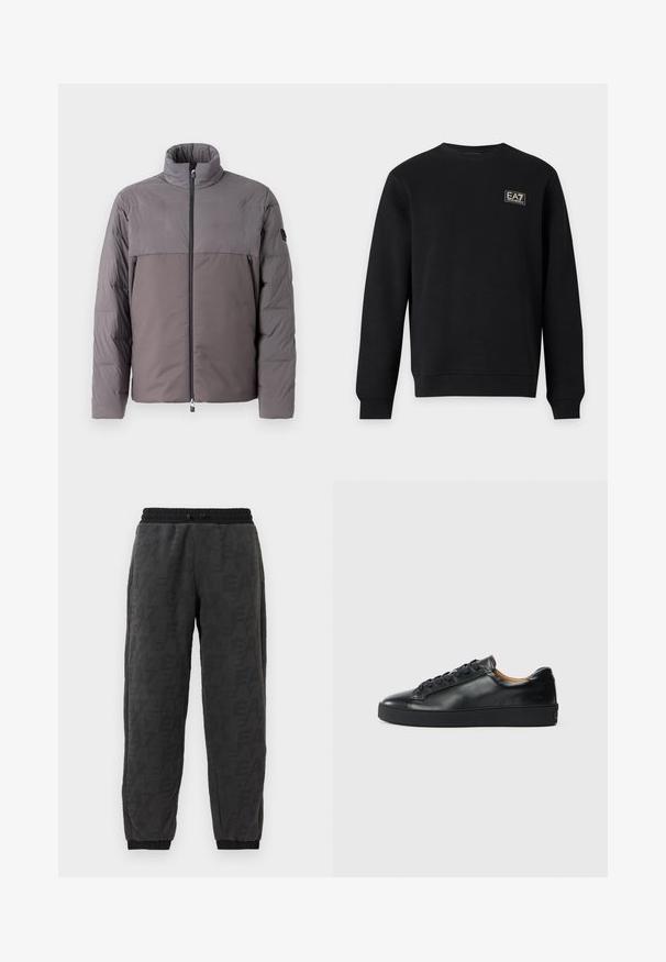 Chaqueta acolchada gris con un cuello alto, cierre frontal de cremallera, dos bolsillos con cremallera y un diseño de panel superior en contraste.; Sudadera negra de manga larga con cuello redondo y pequeño logo blanco EA7 Emporio Armani en la parte superior izquierda del pecho.; Pantalones de chándal grises con una tela texturizada, que presentan un patrón de logotipos en toda la prenda, cinturilla elástica y puños elásticos en los tobillos.; Zapatilla negra de cuero con una textura suave, puntera redonda y cierre de cordones. Presenta una suela de goma gruesa y un detalle de marca mínimo.