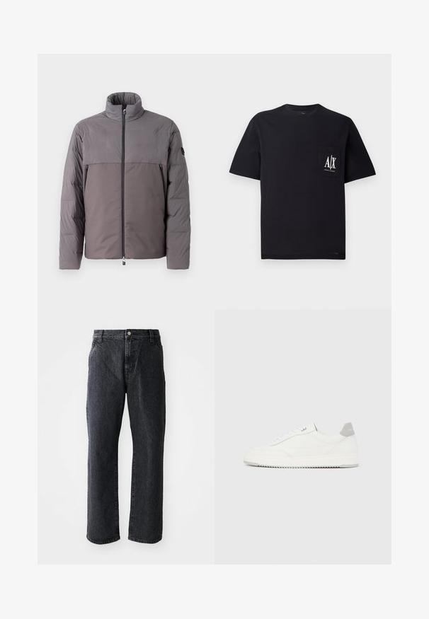 Graue gepolsterte Jacke mit hohem Kragen, Frontreißverschluss, zwei Reißverschlusstaschen und kontrastierendem Oberpaneeldesign.; Schwarzes Baumwoll-T-Shirt mit Rundhalsausschnitt und kurzen Ärmeln. Besitzt eine Brusttasche mit weißem "A/X"-Logo. Glatte Textur, lockere Passform.; Schwarze Denim-Jeans mit geradem Schnitt, ausgestattet mit einem Knopfverschluss, fünf Taschen und subtiler Textur. Klassisches Design ohne auffällige Muster.; Weißer Sneaker mit niedrigem Schaft, grauem Fersenlaschen, weißen Schnürsenkeln und einer strukturierten Sohle, dargestellt vor einem schlichten hellen Hintergrund.