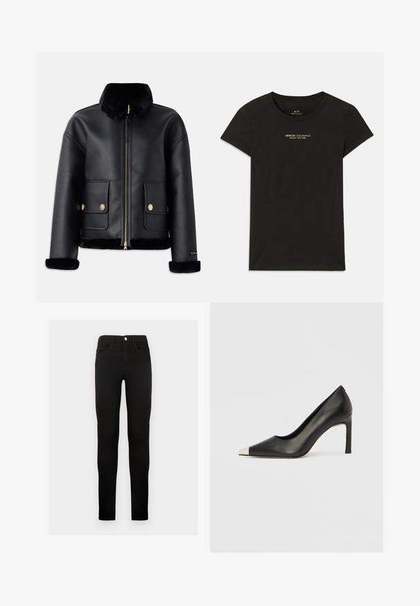 Zwarte leren jas met een nepleren kraag, ritssluiting, gouden hardware en twee voorkruiszakken, met een cropped ontwerp en een zachte textuur.; Zwarte T-shirt met korte mouwen van Armani Exchange met "Armani Exchange Milano / New York" in kleine beige letters op de borst gedrukt.; Zwarte denim jeans met een slim fit, voorzien van een knoopsluiting, riemlussen en voorzakken. Gladde textuur en klassiek ontwerp.; Zwarte leren hoge hak met een spits toelopende neus en een metalen zilverkleurige kap. Heeft een gladde afwerking en een slanke hak van 10 cm.
