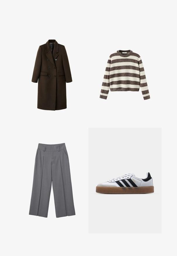 Brun uldblandingsfrakke med dobbeltknaplukning, spidse revers, to sidelommer og knapdetaljer. Lange ærmer og mellemlang skæring.; Stripet pullover sweater i creme og mørkebrun. Ribstrikket rund hals, lange ærmer og en kortet kant. Blød tekstur med en afslappet pasform.; Grå bukser med vide ben, forreste læg, bæltestropper og sidelommer, vist fladt på en hvid baggrund.; Hvide lædersneakers med sorte striber, gummirubber sål, rund tå, snørelukning og blød grå ruskinds tåhætte.