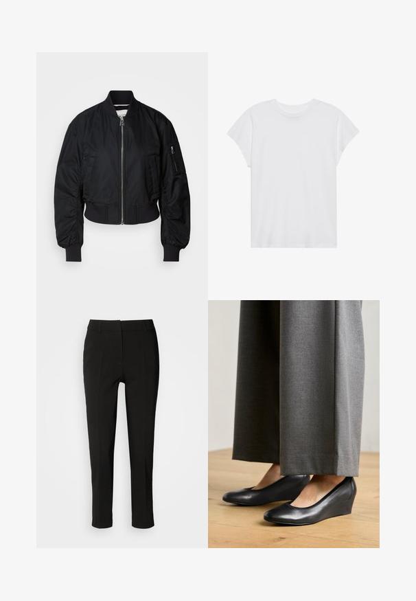 Chaqueta bomber negra hecha de tela suave, con cierre de cremallera frontal, puños acampanados y un diseño corto con un sutil detalle fruncido en las mangas.; Camiseta blanca de manga corta con cuello redondo, corte relajado, hecha de suave tela de algodón. Textura lisa, sin estampados ni logotipos.; Pantalones negros ajustados de corte slim, con frente plano y sin bolsillos visibles, que presentan una textura suave y un acabado limpio en el dobladillo.; Zapatos de cuña de cuero negro con punta redonda y textura suave, combinados con pantalones anchos grises, sobre un suelo de madera.