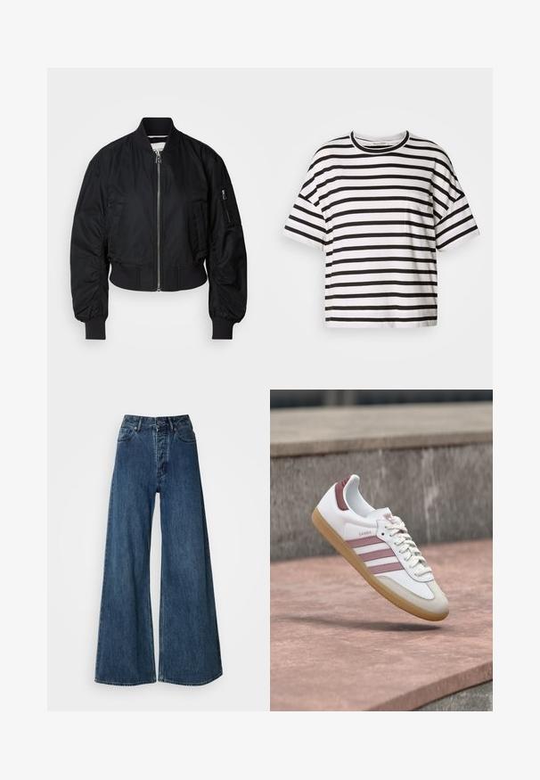 Chaqueta bomber negra hecha de tela suave, con cierre de cremallera frontal, puños acampanados y un diseño corto con un sutil detalle fruncido en las mangas.; Camiseta de rayas blancas y negras, de mangas cortas, con cuello redondo, que presenta un pequeño bolsillo en el lado izquierdo, hecha de suave tela de algodón.; Jeans de mezclilla de pierna ancha en azul oscuro, con cintura alta, diseño de cinco bolsillos y costuras en contraste. Tejido clásico y duradero.; Zapatilla Adidas Samba blanca y rosa con suela de goma flotando sobre una superficie de piedra y con un fondo desenfocado de pared de piedra.