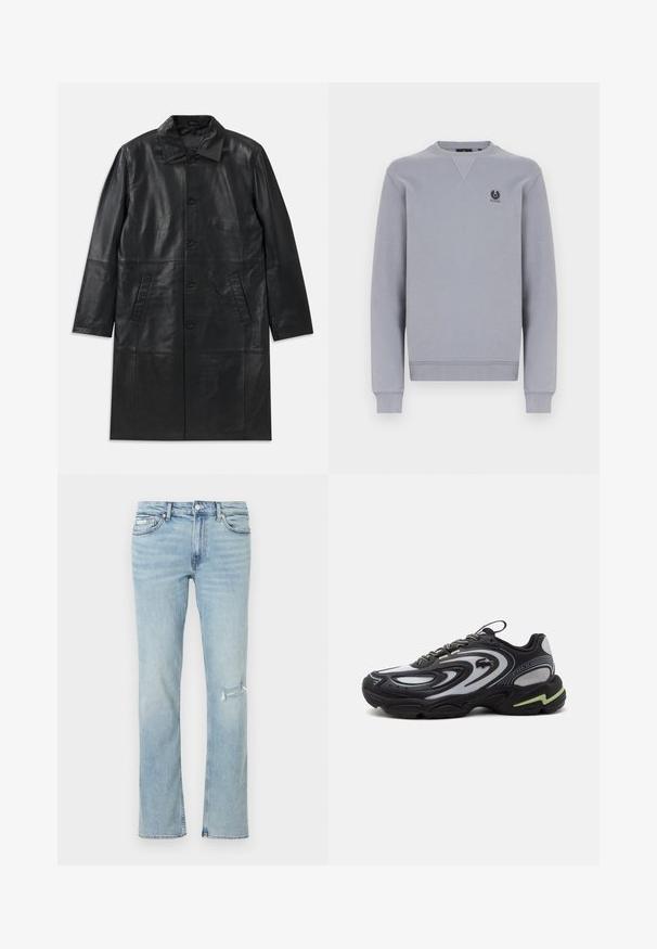 Sort læder lang frakke med spids krave, frontlukning med knapper og to skrå sidelommer, vist fladt på en hvid baggrund.; Grå sweatshirt i blødt stof med rund hals, lange ærmer og et lille logo på brystet. Ribstrikkede manchetter og kant.; Lyseblå jeans med lige ben, en slidt revne på højre lår, forlommer og knaplukning i taljen.; Sort og grå Lacoste Storm 2K sneaker med bølgemønstre, snøredesign og en tyk sål med en lys grøn accent.